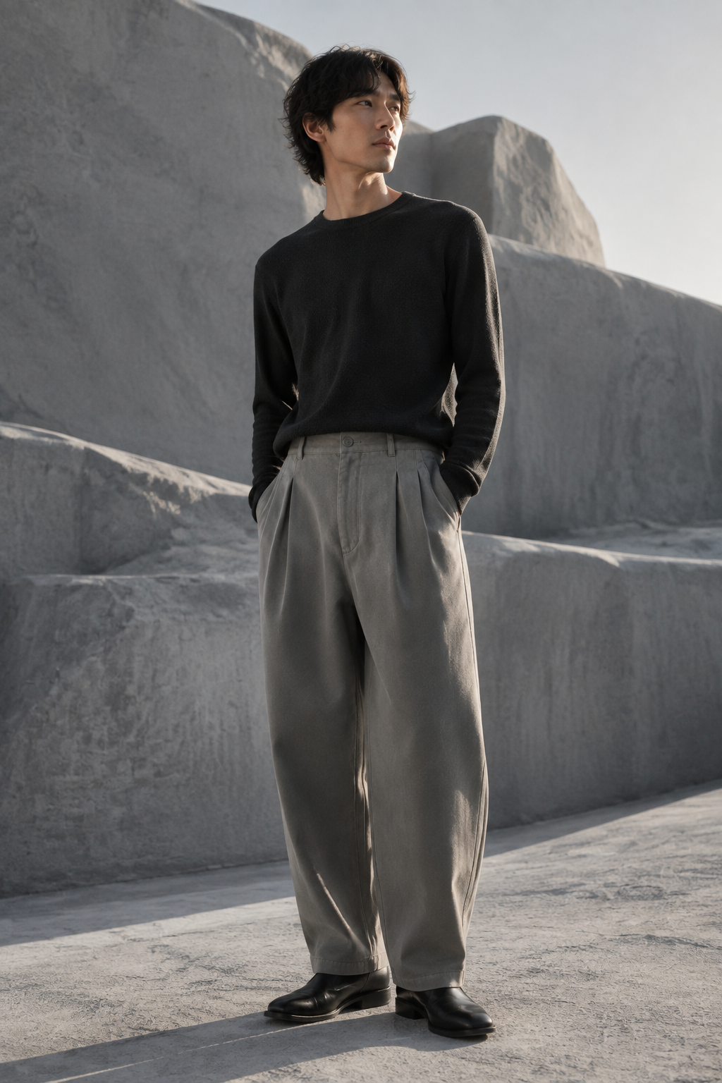 Ash Curved Pleated Pant worn by a FINALDARK fashion model