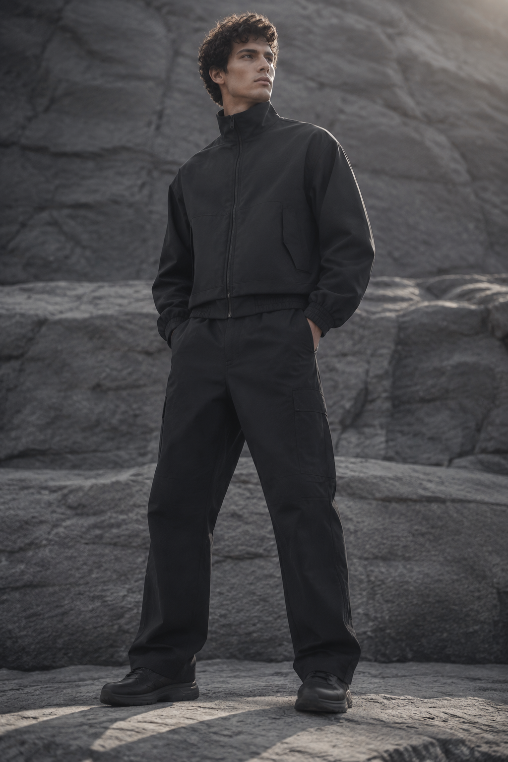 Carbon Utility Bomber worn by a FINALDARK fashion model
