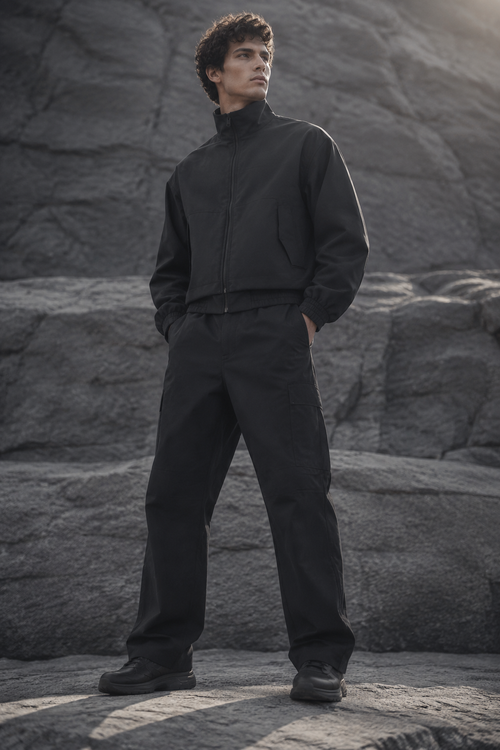 Carbon Utility Bomber worn by a FINALDARK fashion model