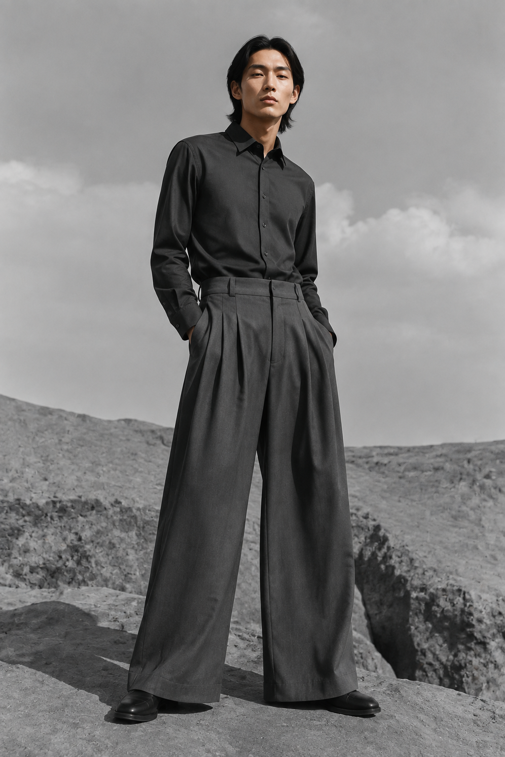 Charcoal Extra-Wide Pleated Pant worn by a FINALDARK fashion model