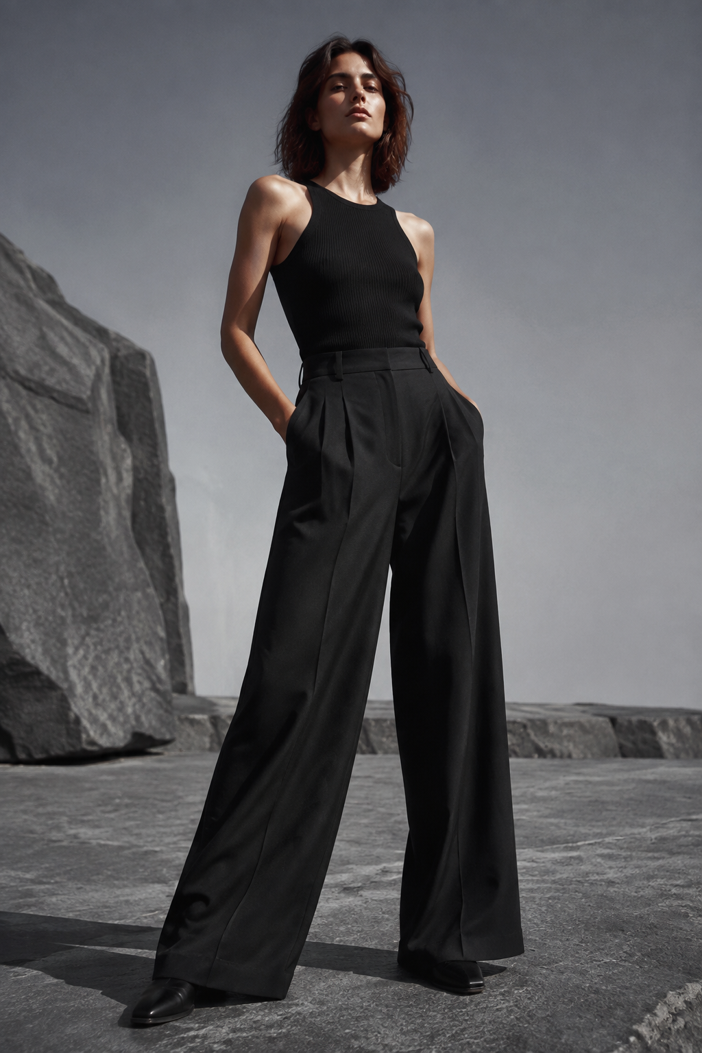 Eclipse Double-Pleat Trouser worn by a FINALDARK fashion model
