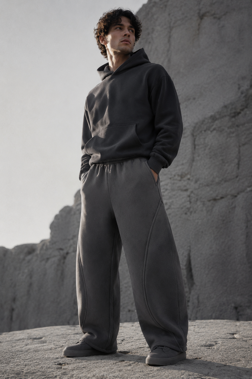 Graphite Barrel Sweatpant worn by a FINALDARK fashion model