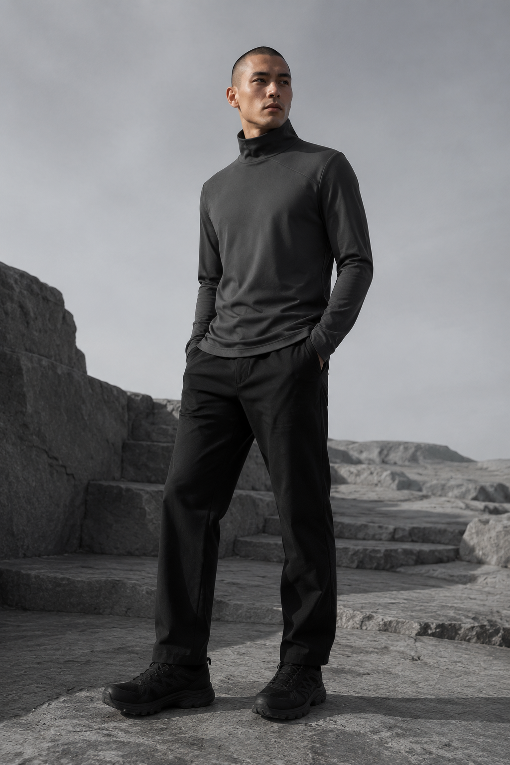 Graphite Funnel-Neck Top worn by a FINALDARK fashion model