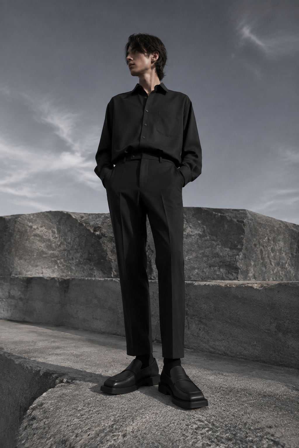 Night Square Platform Loafer worn by a FINALDARK fashion model
