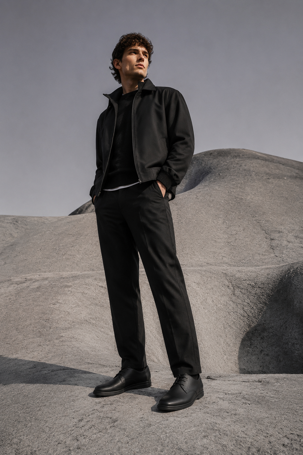 Night Square-Toe Derby worn by a FINALDARK fashion model
