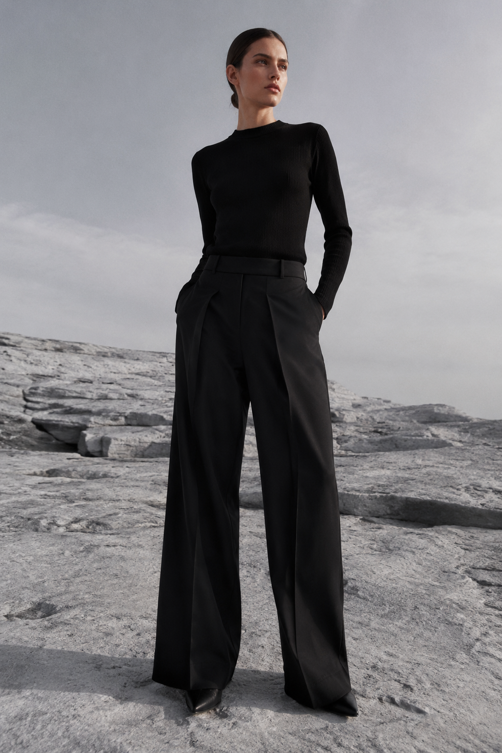 Obsidian Sculpted Wide Pant worn by a FINALDARK fashion model