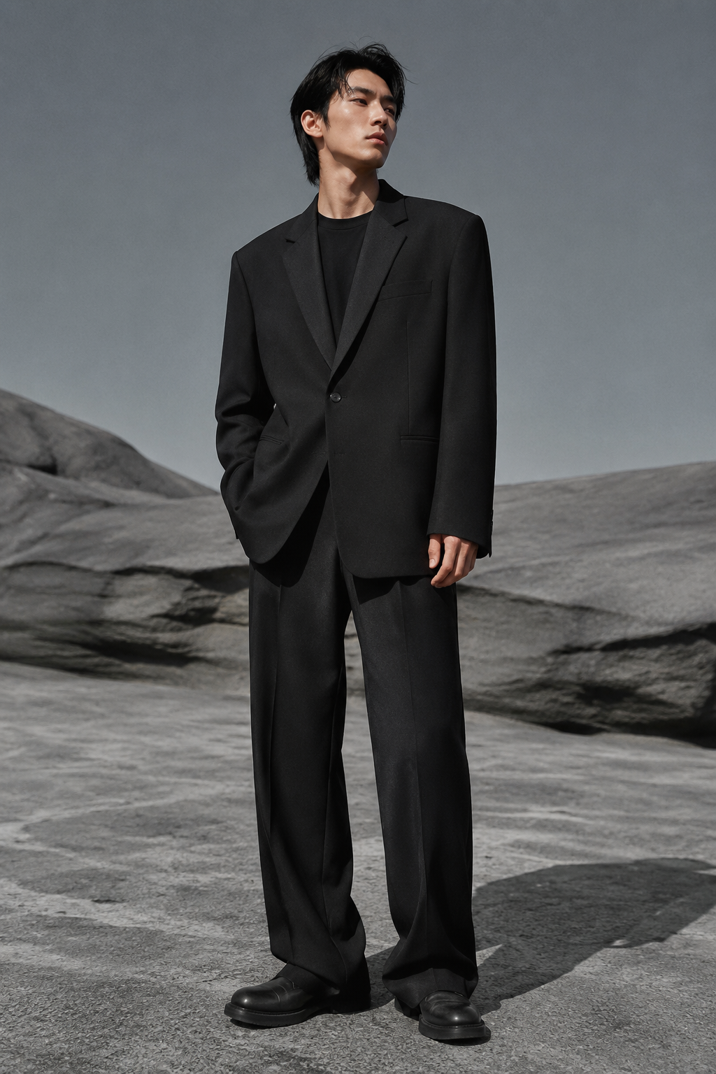 Obsidian Structured Blazer worn by a FINALDARK fashion model