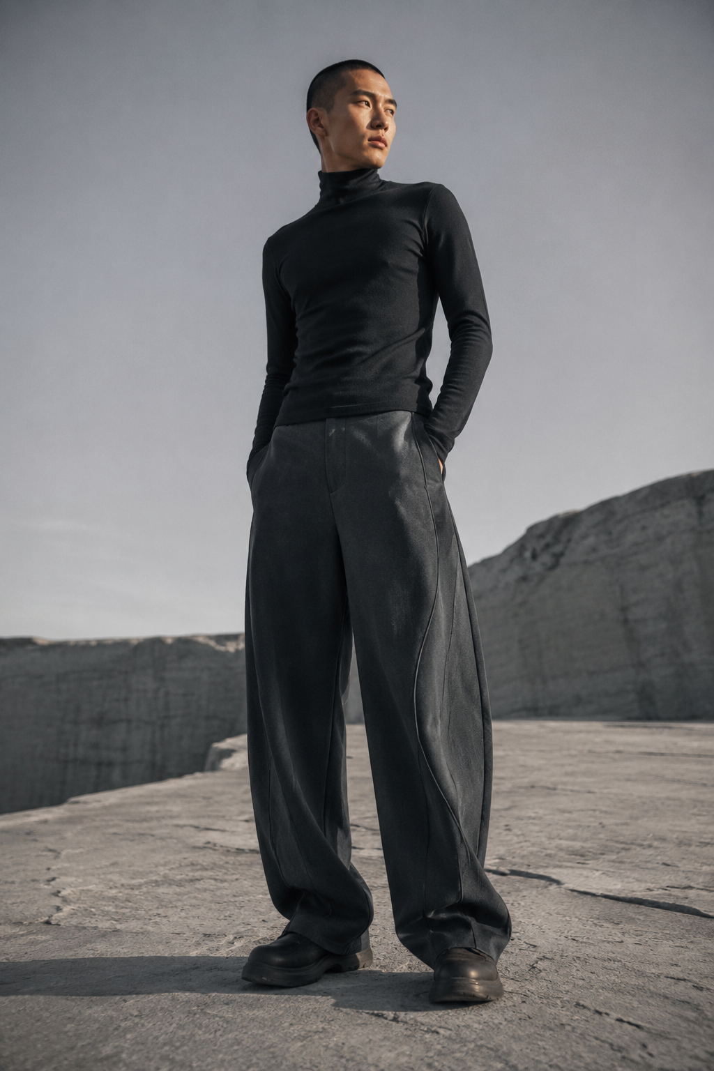 Shadow Curved Blade Pant worn by a FINALDARK fashion model