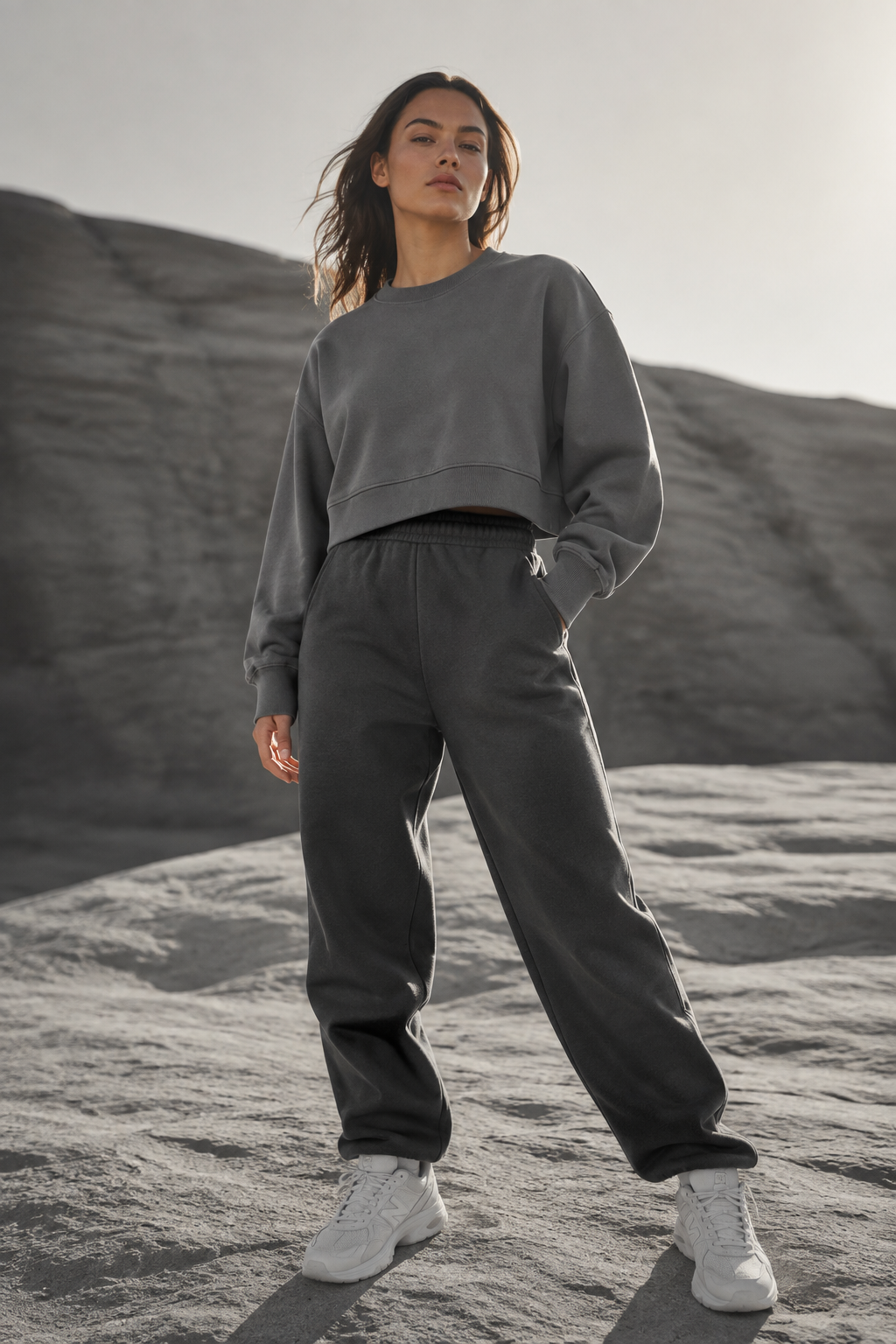 Slate Cropped Crewneck worn by a FINALDARK fashion model
