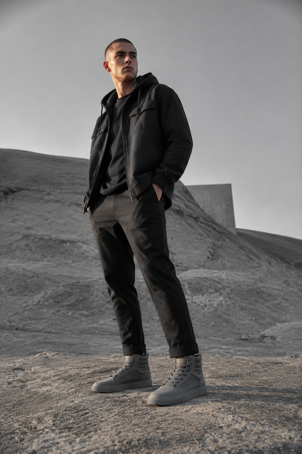 Slate Minimal High-Top worn by a FINALDARK fashion model