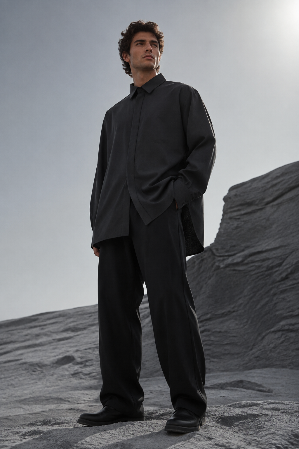 Void Oversize Shirt Jacket worn by a FINALDARK fashion model